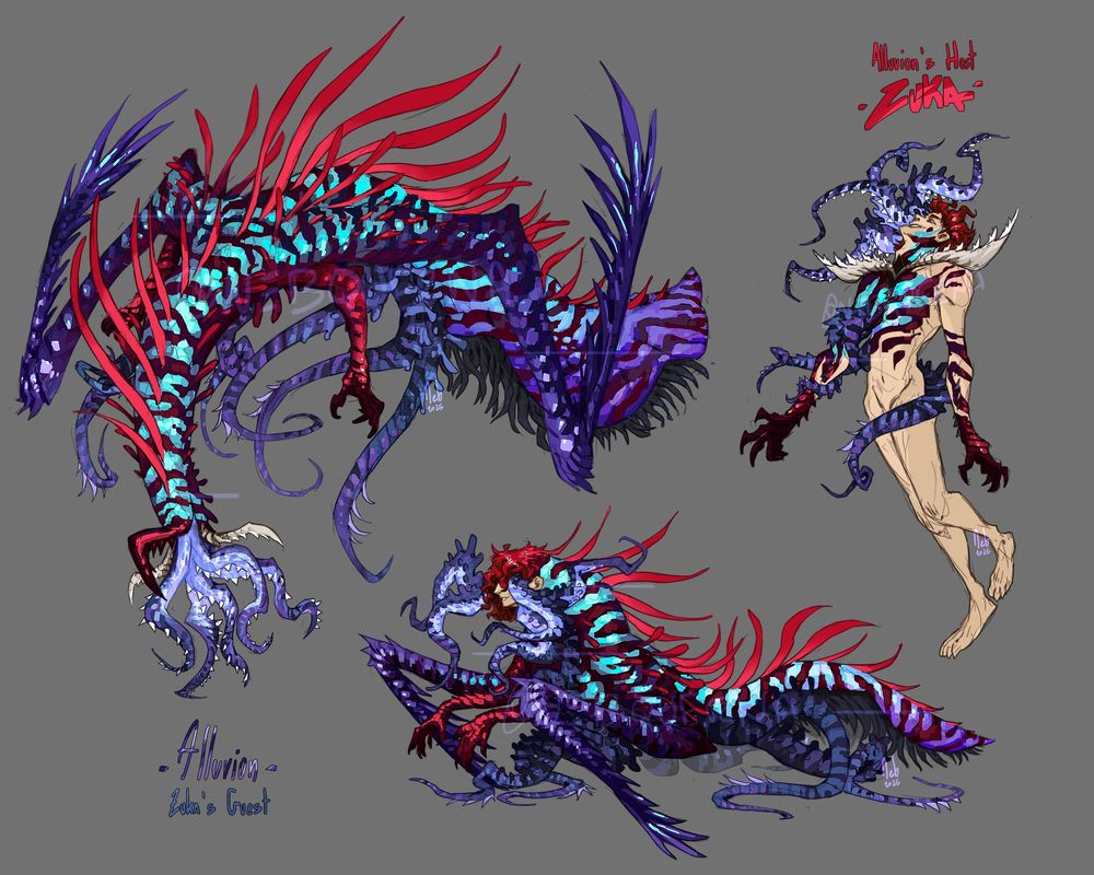 digiral drawing of 3 creatures: all forms of Alluvion, an eldricht monster. Zuka (on the right-most) is the human host, and Alluvion its monstrous guest.
Fully formed, Alluvion is a massive deep-sea inspired creature, with crimson and blue wavy patterns. it mouth has a beak and 2 mandibule-like appendages, a mass of tentacules with teeth come out of it. it has 2 scaled hands as well as a pair of massive scythes on its back.
