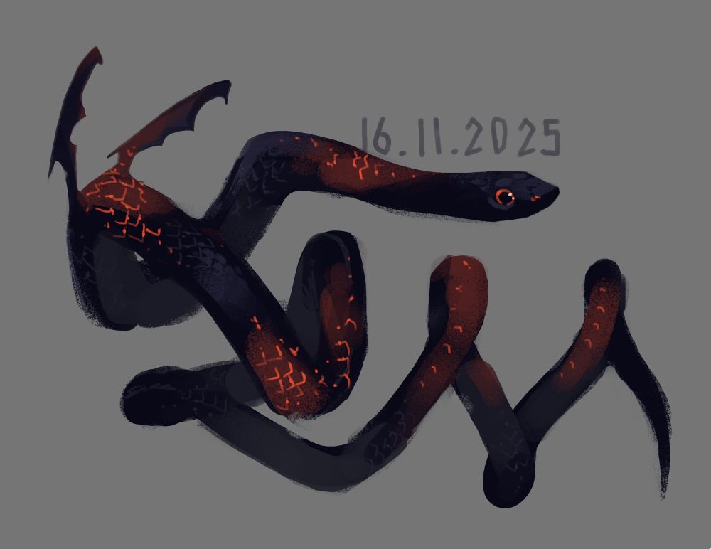 digital illustration of a black snake with loose coils, it has 2 small wings and red highlights between its scale. the same red is in its eye.
the test above its head read 16.11.2015, aka the date in the european format.