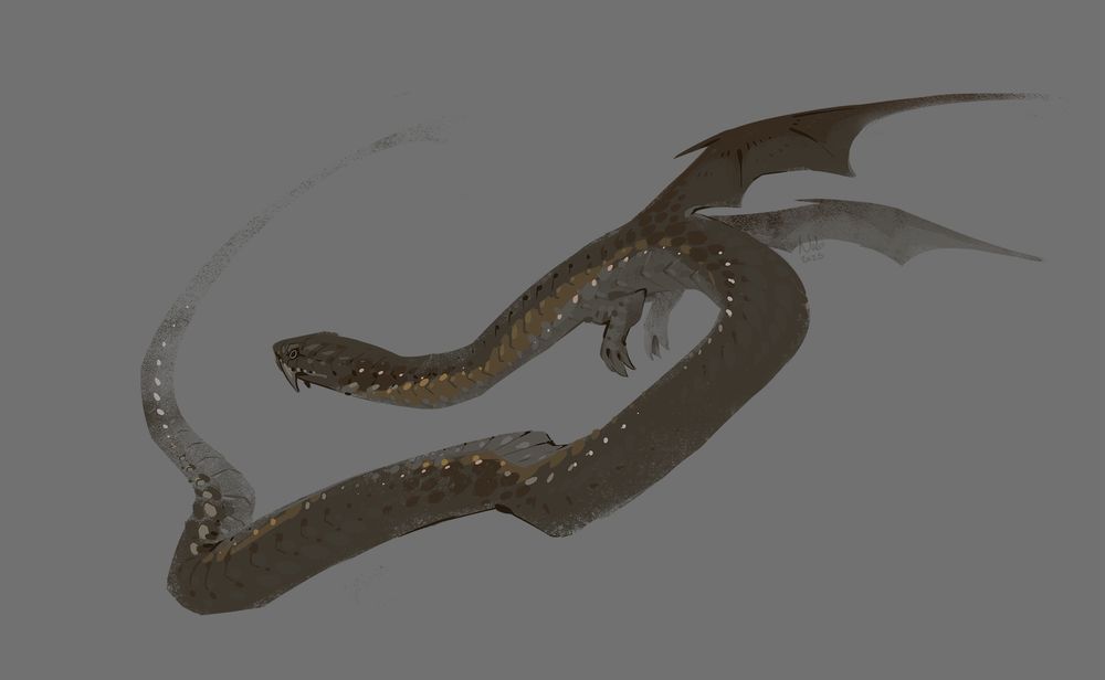 digital drawing of a snake beast, it has 2 front arms and 2 wings, and 2 saber teeth. it is brown with a tame orange strike on its side