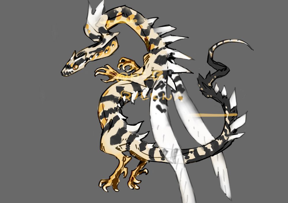 digital design of a snake like dragon. it is yellow and cream colored with black stripes on its back all along its body.
it has 4 legs and a pair of white wings. it has a few white spikes along its spine, and a long black tail with a white tip.