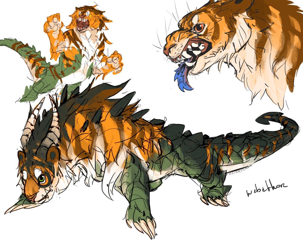 concept designs of a crocodile with the head of a tiger. there are 3 drawings of my dragon Nebquerna as a tiger crocodile monster. she has horns still, and the spiky blue tongue of a lizard.