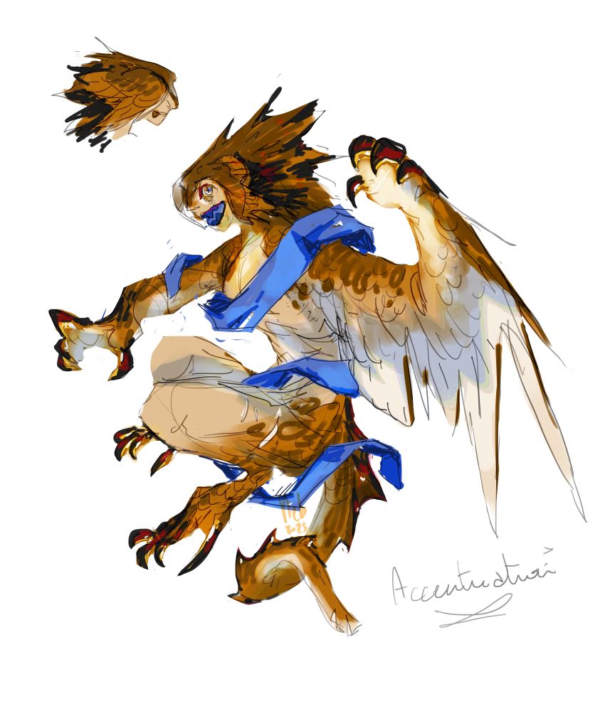 digital design of a bird like humanoid. it has a tan underside and a darker topside. it has a regular arm and another shifting into a wing. its body us covered by floating blue cloth that matches the color of its teeth.