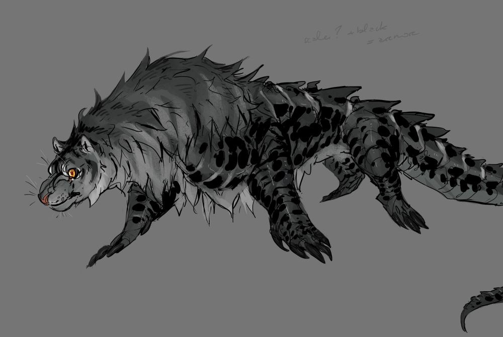 Concept design of tiger crocodile. the tiger head has a grey mane that fades into the body, where dark scales with a black shine cover the rest of the body. it has bright orange eyes.