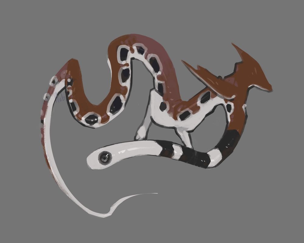 illustration of a brown and white snake beast, with 2 small wings on its neck and 2 front arms. it has dark black eyes.