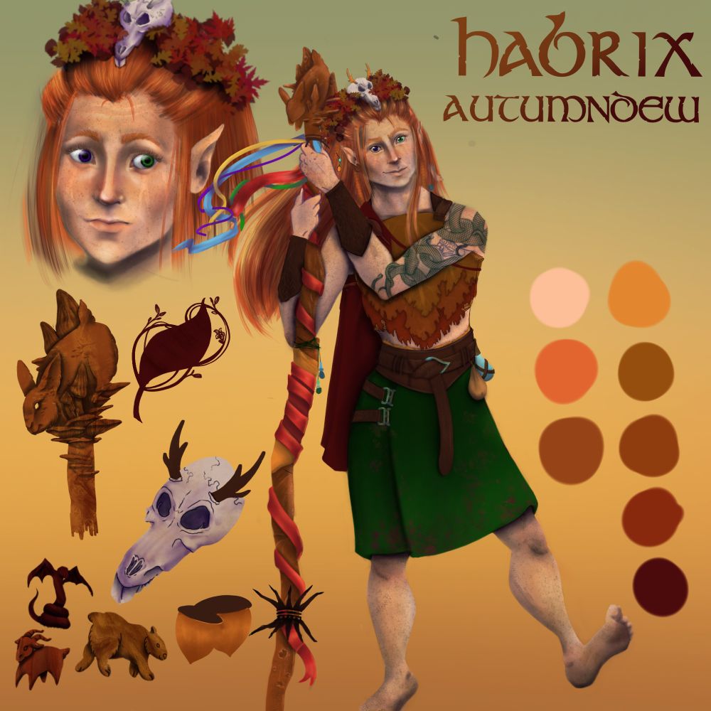 A freckled halfling with long red hair stand with a quarterstaff  with detailed flora and fauna carvings. They are dressed in a dark green heavy fabric kilt and a leather armor shell that resembles autumn leaves in shape and color. A close up of their face is in the upper left corner, where you can see one green eye and one bright purple, and they wear a crown of autumn leaves with a small vole skull in the center, carved wood antlers atop it. 