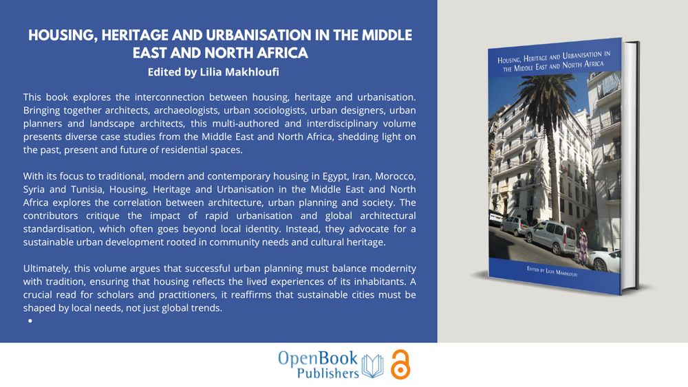 Promotional graphic for the book Housing, Heritage and Urbanisation in the Middle East and North Africa, edited by Lilia Makhloufi. The left side contains a detailed summary of the book's themes, emphasizing its interdisciplinary approach to housing, heritage, and urban planning across Egypt, Iran, Morocco, Syria, and Tunisia. The right side shows the book cover, featuring a photo of a white apartment building with palm trees and parked cars. Below is the Open Book Publishers logo and open access symbol.

