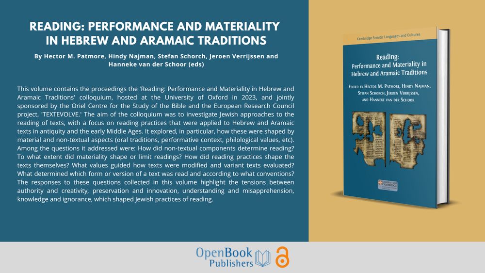 Promotional image for the book Reading: Performance and Materiality in Hebrew and Aramaic Traditions, edited by Hector M. Patmore, Hindy Najman, Stefan Schorch, Jeroen Vervrjissen, and Hanneke van der Schoor. 
