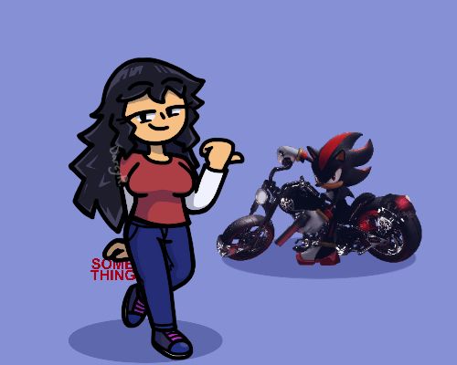 [22/07/2025] Roopie is leaning on bold, red letters that say "SOMETHING" while gesturing to the Shadow the Hedgehog.png behind her