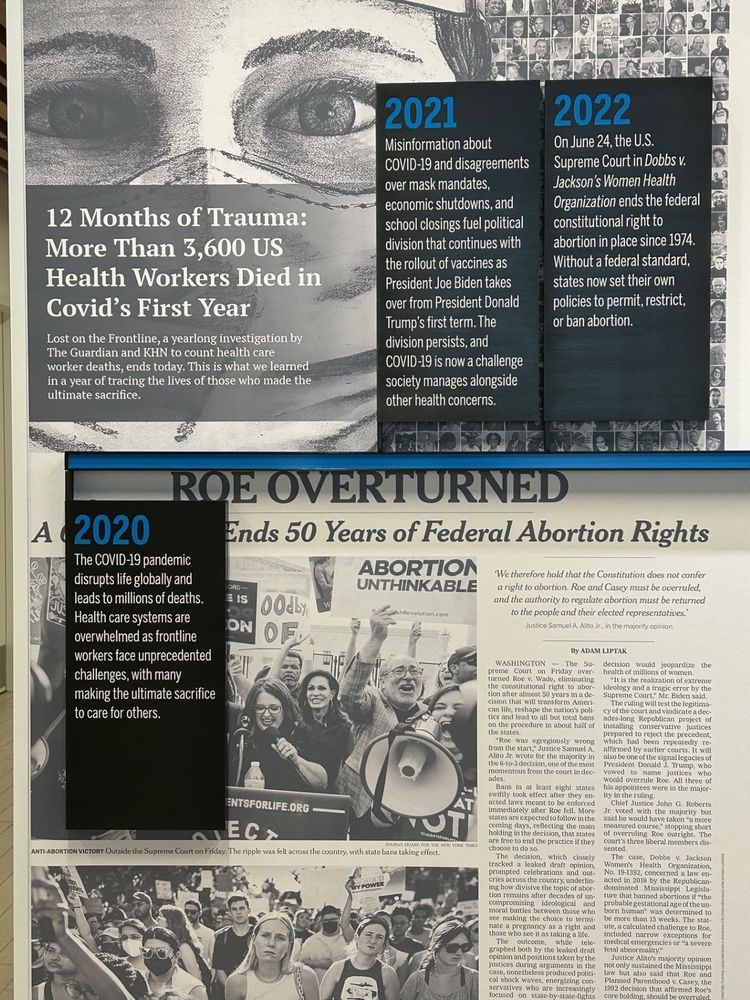 Picture of health policy timeline wall depicting info about 2022 Dobbs decision and NY Times article.