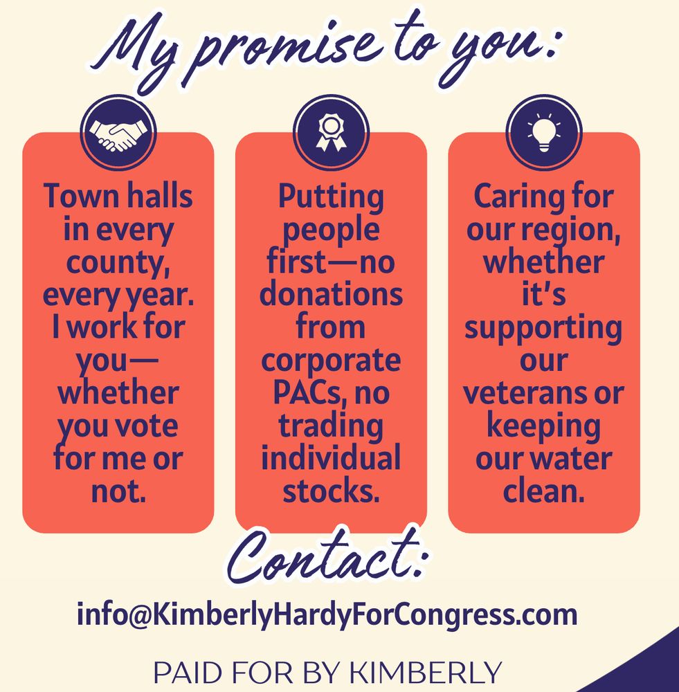 Image from Kimberly Hardy palm card including her pledge not to take donations from corporate PACs and not to trade individual stocks. 