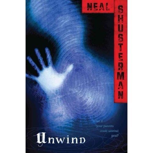 A book cover for Unwind with the silhouette of a human, which is overlain with a thumbprint. The book title is in the bottom corner. The author’s name, Neal Shusterman, is in the top corner.
