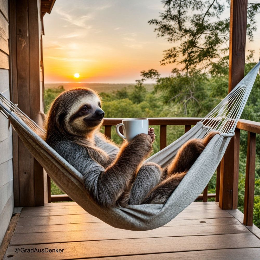 Farbige KI-Grafik: : Ein Faultier sitzt von der Seite betrachtet in einer naturfarbenen Hängematte auf der mit einem Holzgeländer umsäumten Veranda einer Holzhütte und hält eine weiße Kaffeetasse. Die Hütte steht leicht erhöht und ist von üppiger, grüner Vegetation umgeben. Am Horizont geht die Sonne an einem wolkenlosen Himmel gerade auf.