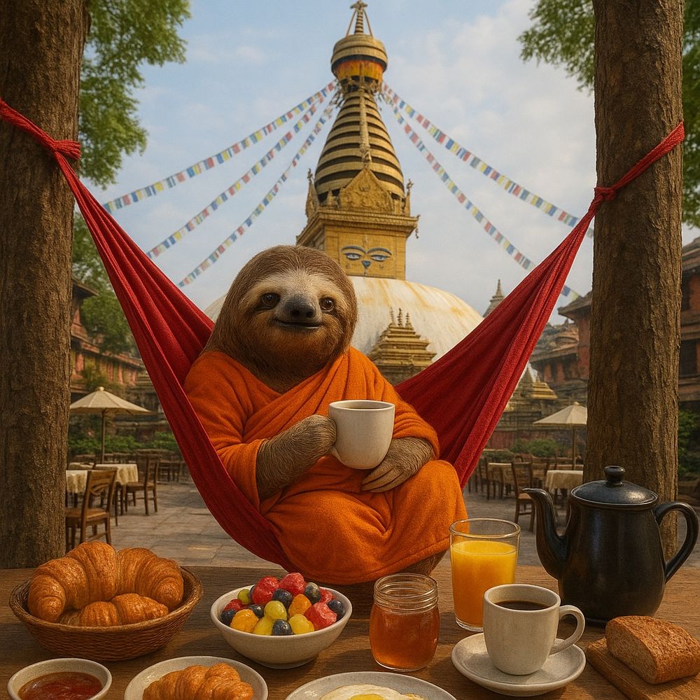 KI-generiertes Bild einer Szene in Nepal beim Swayambhu Stupa. Im Vordergrund zu sehen ist ein freundliches Faultier mit braunem Fell, gekleidet in orangenen Mönchsgewandt, das entspannt in einer roten Hängematte sitzt, die zwischen zwei Bäumen aufgehängt ist und eine weiße Tasse hält. In der Umgebung befinden sich gedeckte Tische eines Cafés.
Im Vordergrund steht ein üppiges, reichhaltiges Frühstücksbuffet mit einer Vielzahl von Speisen, darunter Croissants, frisches Obst, Eier, Marmelade, Brot, Honig und Getränke wie Milch und Orangensaft, einer Kanne Tee und einer Kaffeekanne. 