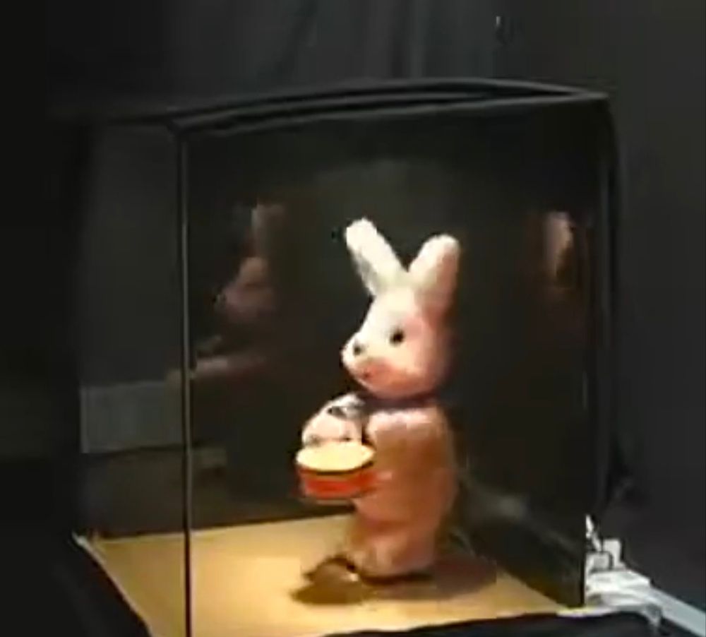 A pink bunny playing the drums