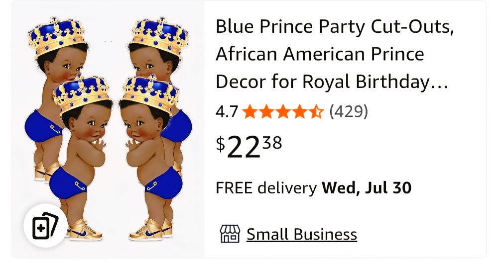 amazon listing for "blue prince party cut outs" which are a saucy baby in a blue diaper wearing a crown