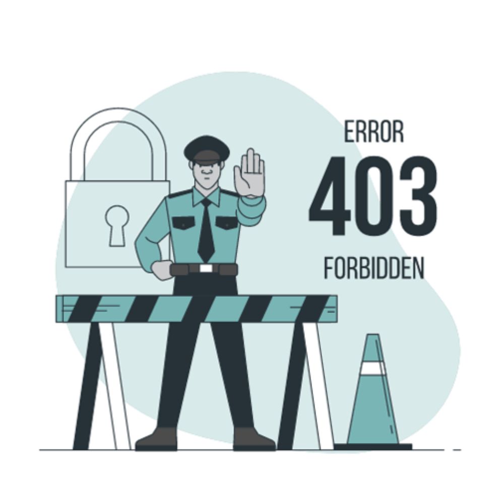 an illustration of a police officer standing behind a barrier with the words error 403 forbidden underneath him