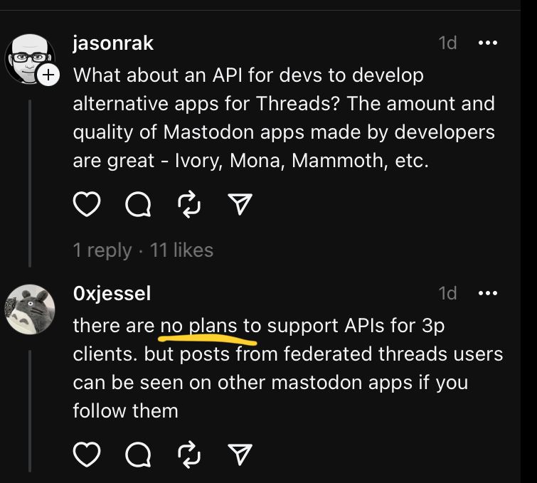Threads has no plans to support 3rd party clients with their API