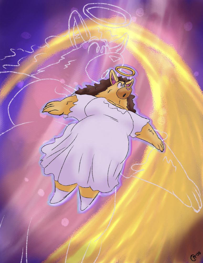 A portrait of an anthropomorphic llama, floating in space, wearing nothing but a white nightgown and socks, and a halo above their head. Surrounding them is a blue-ish glow that surrounds their body. A bigger silhouette of the llama is also present in the background. They stare in awe as they look what is straight ahead of them. Around them is a pink-purplish space, with red bands in the background, and a golden band coming into the foreground. The llama themselves are following a white band, which is going from bottom-left to up. 
