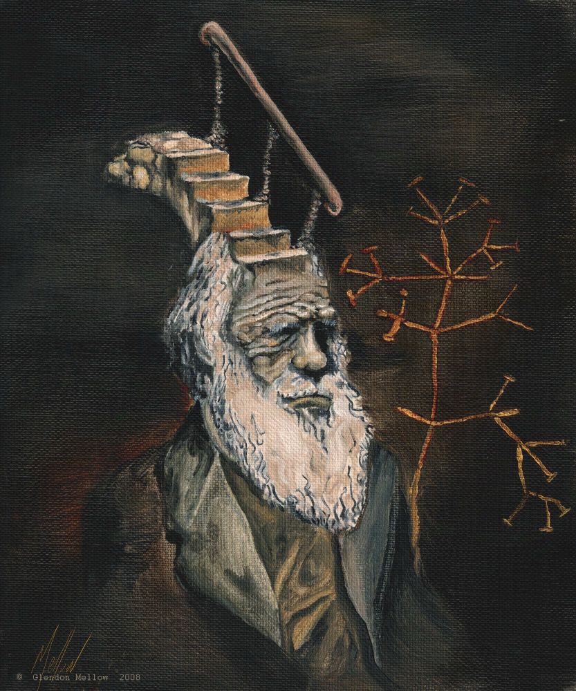 Darwin Took Steps
Oil on canvas paper. 

Portrait of elder Charles Darwin with a partial staircase arising from his forehead. A sketch of his “I think” sketch is beside him in red-gold. Lots of umbers in this piece. 