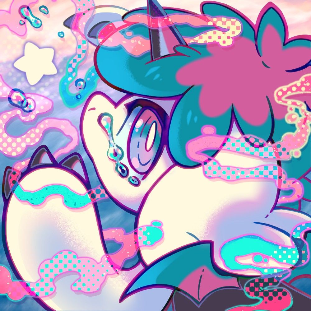 A bright pastel illustration of Fluke, a unicorn-esque creature, surrounded by wispy pink and cyan mist and shedding tears in low gravity as she reaches towards a glowing star