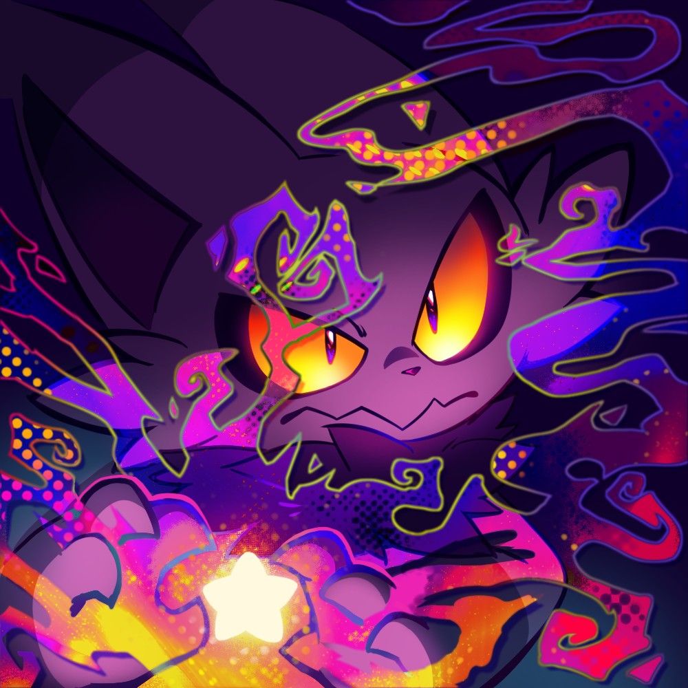 A dark illustration of Nyte, a strange cat-like creature, surrounded by a colorful shroud of wispy magic being emitted by the star he has summoned in his own claws