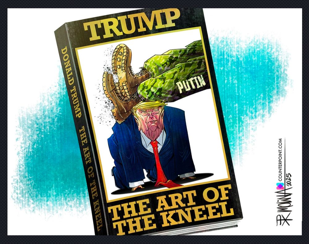 Trump on all fours propping up Putin's legs in camo and combat boots like a coffee table. 