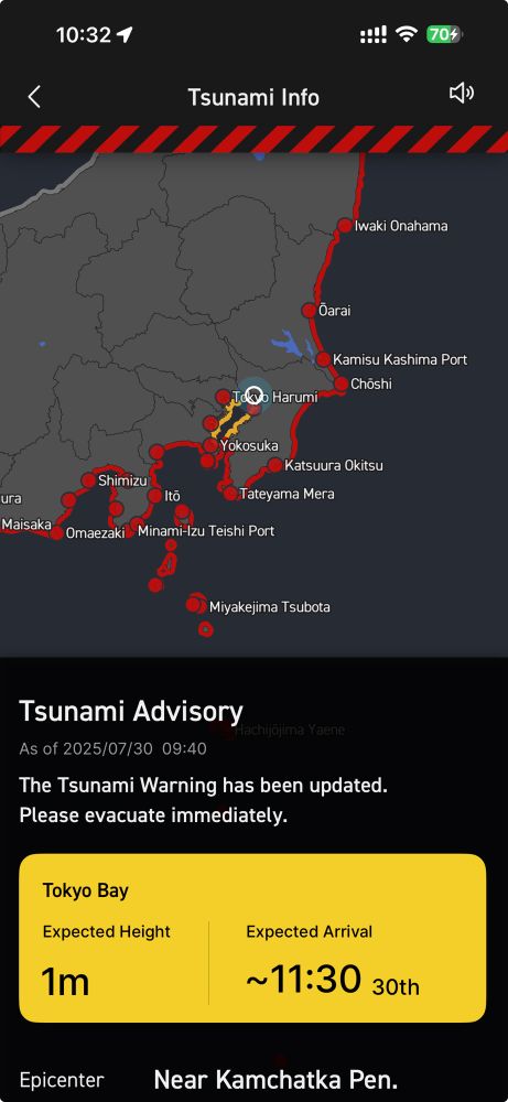 Screenshot from NERV outlining a map of the current situation. In Tokyo Bay, the expected heiht of the tsunami will reach 1m and arrive by 11:30.