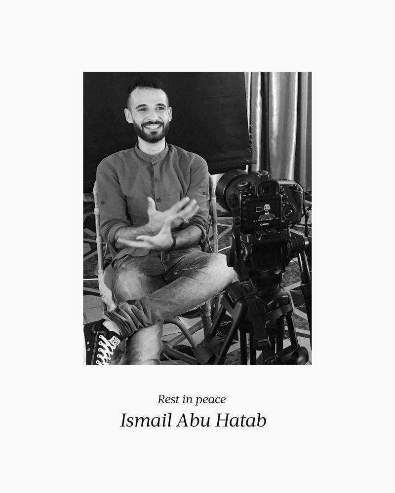 Black and white photo of Ismail Abu Hatab on a white background with the words "Rest in peace Ismail Abu Hatab" below.