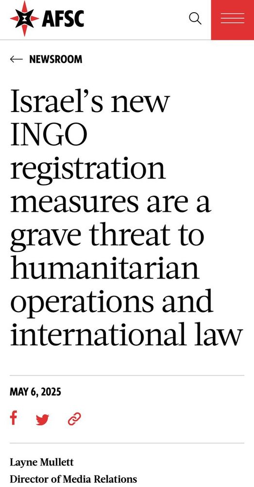 Screenshot of an AFSC webpage with the title heading: "Israel's new INGO registration measure are a grave threat to humanitarian operations and international law"