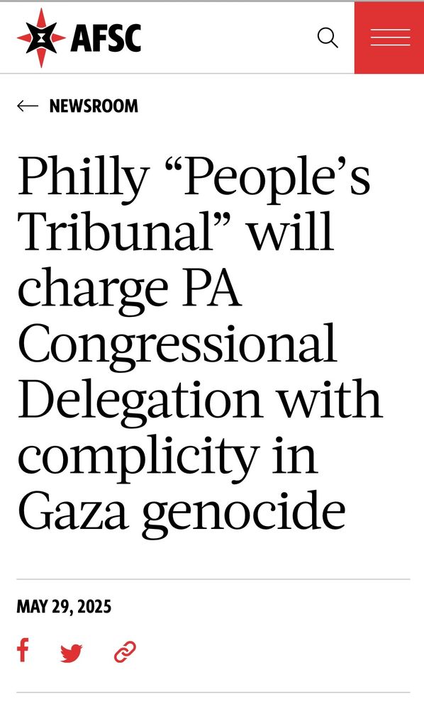 Screenshot of afsc.org webpage titled: Philly “People’s Tribunal” will charge PA Congressional Delegation with complicity in Gaza genocide
