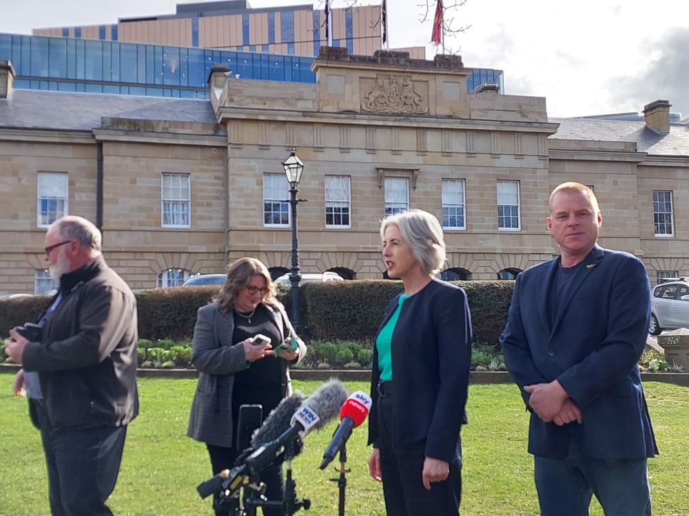 Rosalie Woodruff addressing media at Parliament House this afternoon