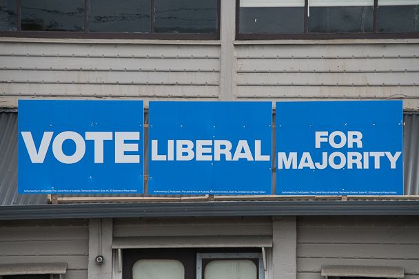 Liberal sign "Vote Liberal for Majority" at the end of the Southern Outlet in Hobart during the 2025 Tasmanian state election.
