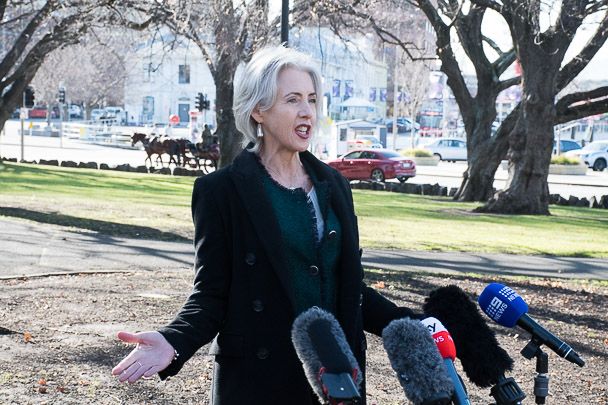 Greens leader Rosalie Woodruff speaking to the media the day after the 2025 state election.