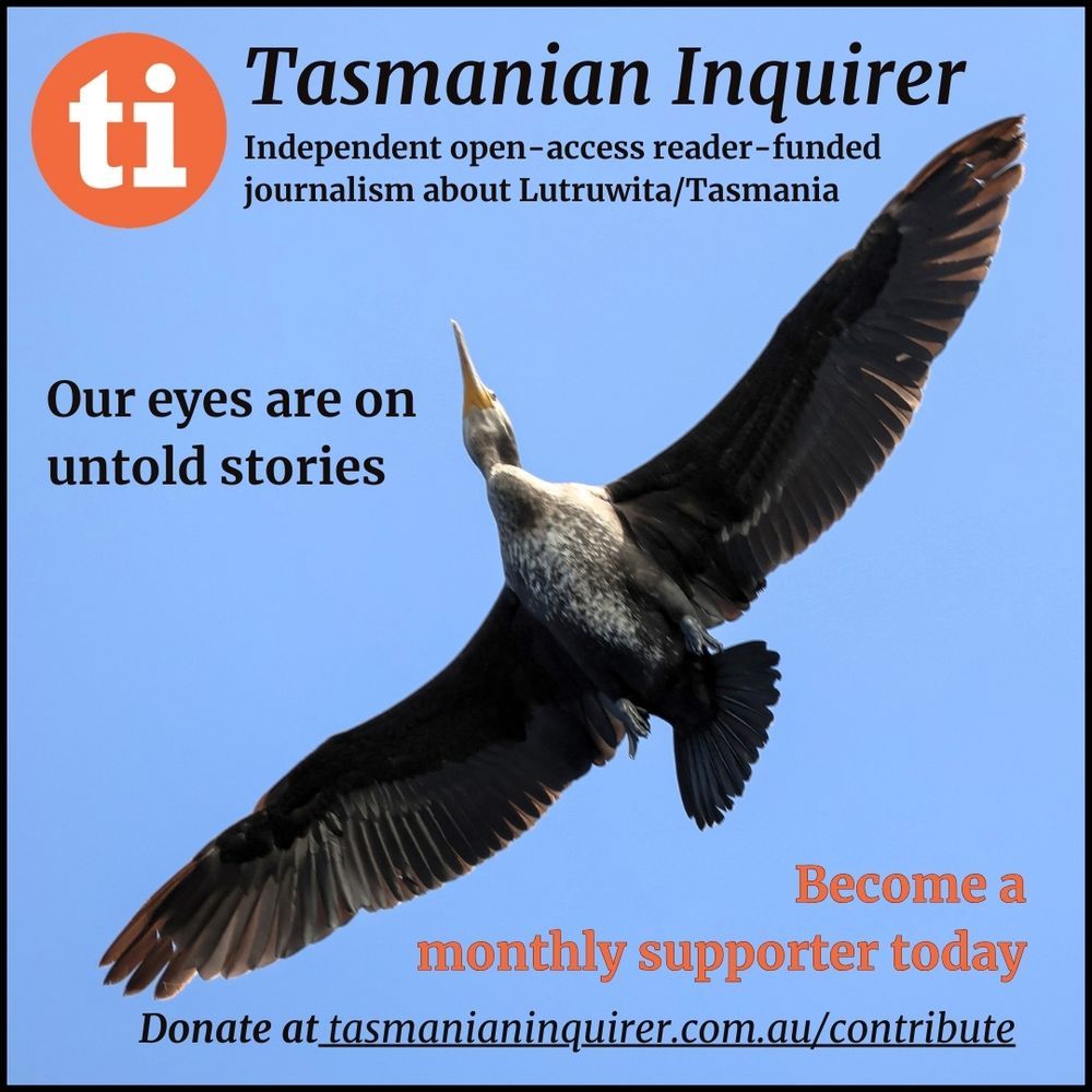 A cormorant flying under a blue sky with text stating Tasmanian Inquirer is an independent publisher of open-access reader-funded journalism about Lutruwita/Tasmania. It asks readers to become a supporter today with a link to the Tasmanian Inquirer's website. 