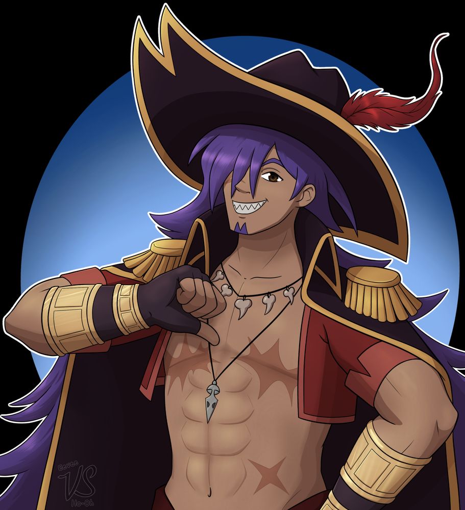 A muscular man with dark skin, long messy purple hair, and sharp teeth standing confidently with his thumb pointing to his chest. He has a big black hat with gold trimming and a long red feather. He has a cape that matches with the hat with gold tassels on the shoulders. dark finger less gloves with gold bracelets on. A short red jacket with short sleeves. He is also wearing a necklace with shark teeth and another necklace with a long pendent. He has one scare shaped as an "X" on the left of his stomach and two scars on his chest, indicating messily done top surgery.