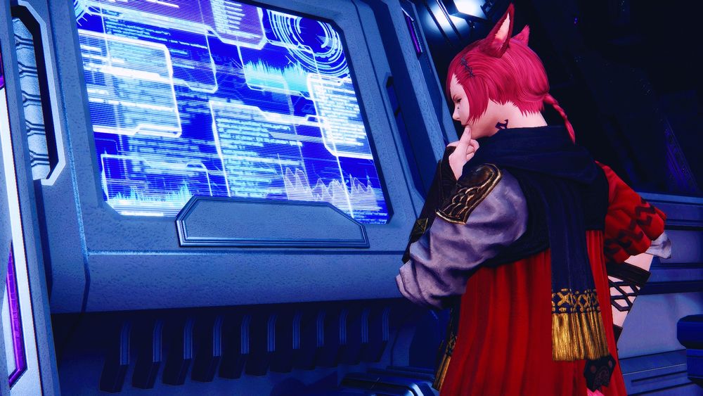G'raha stands in the Backroom in Solution Nine. He is thoughtfully glancing over a monitor.