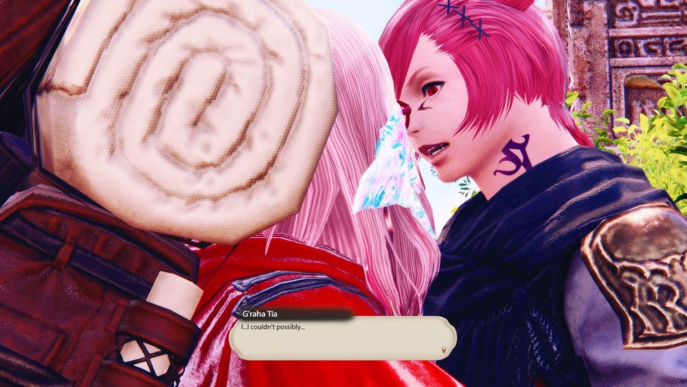 Raha's eyes widen as he raises his gaze to meet hers.

G'raha Tia: I...I couldn't possibly...