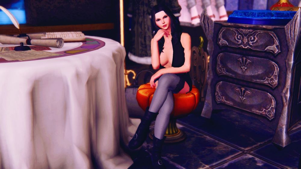 Morta doing the Nashu pose and smirking while wearing her revealing outfit.