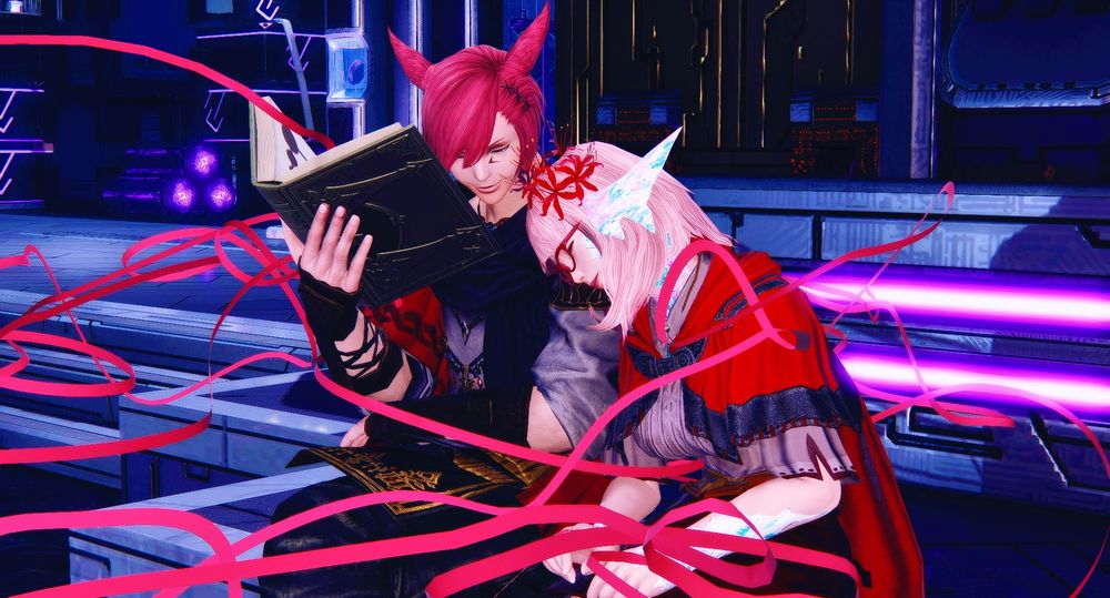 Inomi and G'raha Tia in Solution Nine's Backroom. Raha was reading a book while Inomi sat beside him. She fell asleep with her head on his shoulder. They're both tied together by the string of Fate.