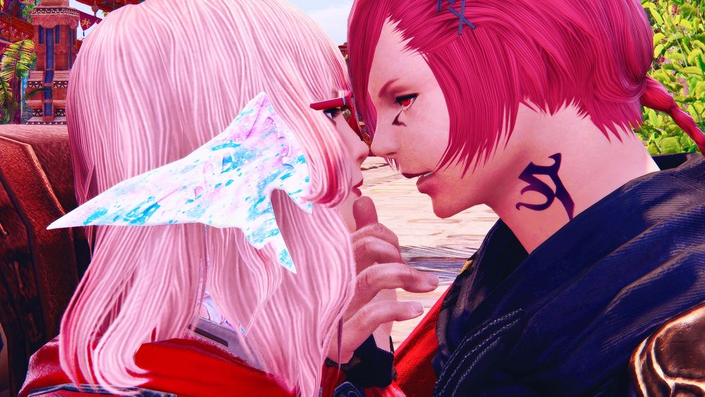 G'raha Tia leans in as he and Inomi talk. He's about to confess to her with a kiss.