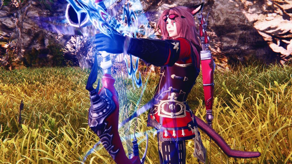 K'hasim aiming his bow at something in La Noscea. He's also smirking.