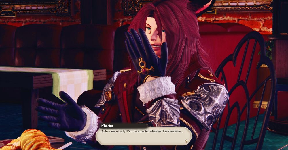 K'hasim's ears twitch happily as he chuckles.

K'hasim: Quite a few actually. It's to be expected when you have five wives.