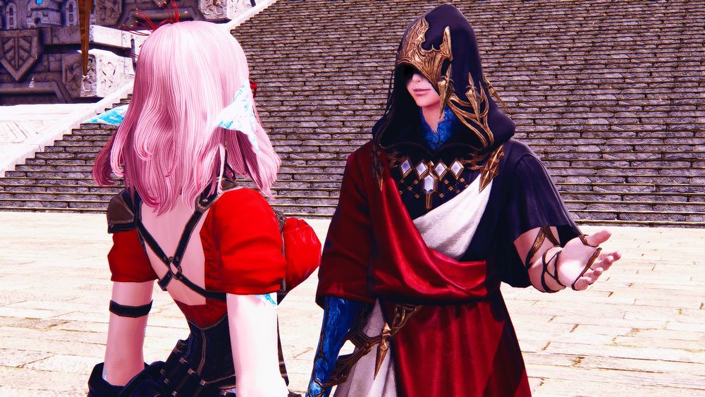 Raha as the Exarch speaking with Inomi in front of the entrance to the Ocular.