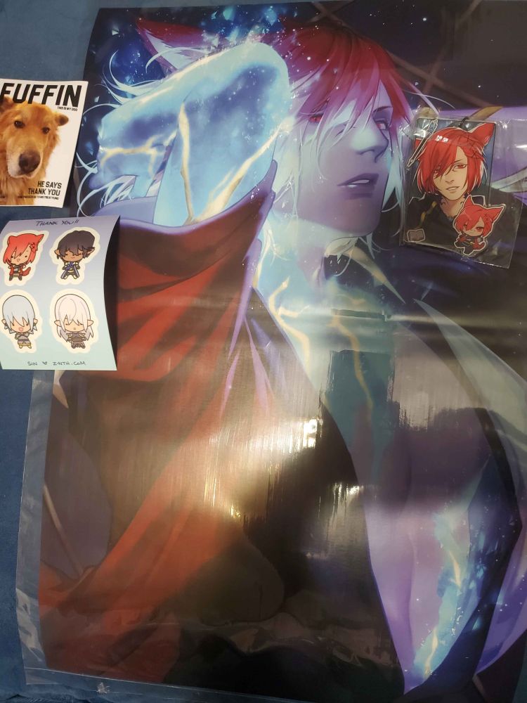 A beautiful Exarch print! I love it! Also a Scion Raha keychain. And chibi FF14 stickers featuring Scion Raha, Aymeric, Haurchefant, and Estinien. AND a pupper sticker!