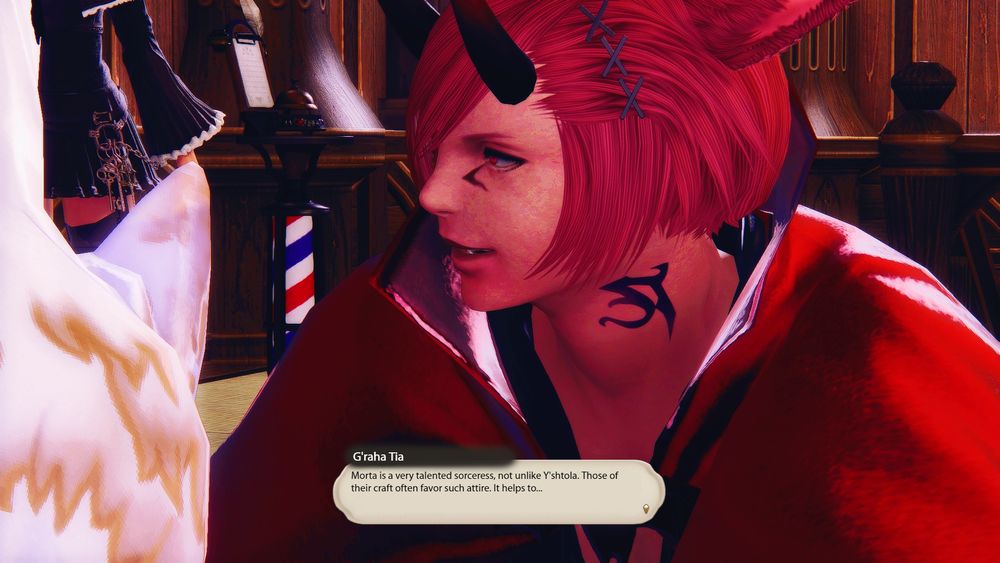 G'raha Tia intervenes and kneels in front of Akimi as he gently explains things to her with a smile.

Raha: Morta is a very talented sorceress, not unlike Y'shtola. Those of their craft often favor such attire. It helps to...