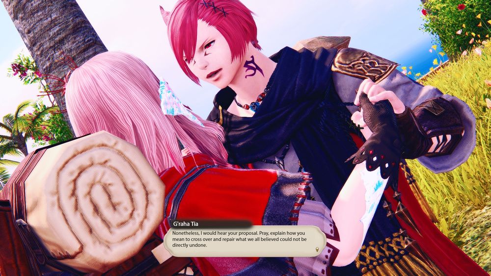 G'raha Tia doesn't notice her blush or the fact she's looking at their hands right now. His caresses continue.

Raha: Nonetheless, I would hear your proposal. Pray, explain how you mean to cross over and repair what we all believed could not be directly undone.