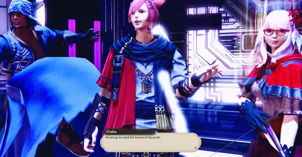 Raha is impressed by Howling Blade. His eyes are wide and lit up. He stands between M'loric and Inomi, who are both excited to fight.

Raha: He brings to mind the heroes of my youth.