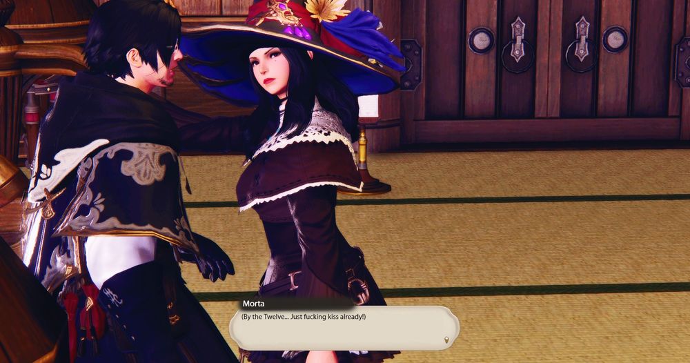 While in the middle of harassing James, Morta becomes annoyed by the interaction between Inomi and Raha.

Morta: (By the Twelve... Just fucking kiss already!)