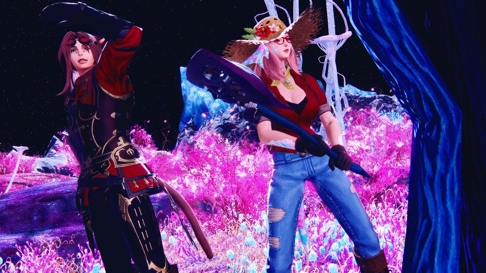 Inomi helps out the loporrits on the moon with the cosmic exploration stuff. She's about to gather some mushrooms. K'hasim joins her and admires the scenery.