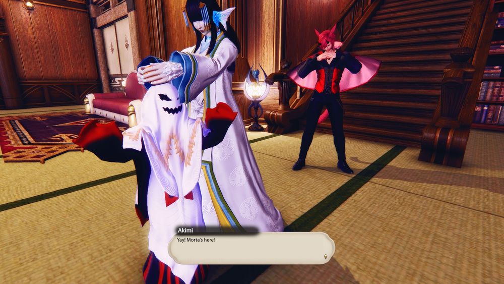 Akimi, Yukime, and G'raha Tia are dressed in their All Saints' Wake costumes. Akimi is dressed as a ghost, Yukime as a Yukionna, and Raha as a vampire with horns.

Yukime is in the middle of helping Akimi with her costume. Raha is in the background, pinning his cloak into place.

Akimi, seeing Morta (not pictured) enter the house cheers.

Akimi: Yay! Morta's here!